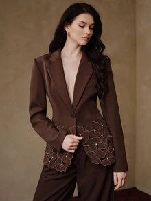 Anewsta Women's New Vintage Elegant Party Evening Heavy Embroidery Hollow Out Long Sleeve Rhinestone Bling Blazer - Brown - View 4