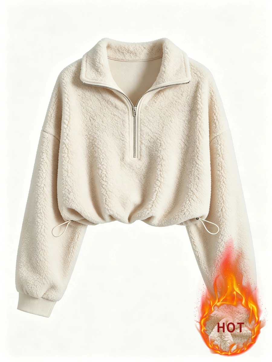 QUELARIE Women's Collared Half-Zip Fleece Sweatshirt With Adjustable Drawstring Hem, Versatile - Apricot - View 1