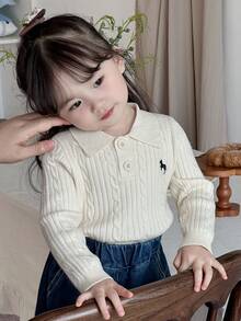 Dazy Kids Young Girl) Cute Turn-Down Collar POLO Neck Fitted Long Sleeve Autumn Sweater - Beige - View 1