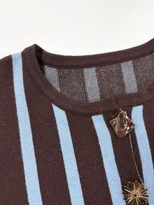 SHEIN Slim Fit Elegant French Contrast Color Brown And Blue Stripe Long Sleeve Knit Cardigan Office Brunch Fall - Multicolor - View 5
