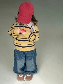 DAZY Sweater Lengan Panjang Kasual Harian Motif Garis-Garis untuk Bayi Perempuan - Kuning - View 4
