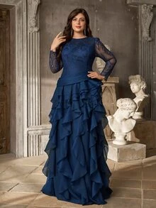 Aureia Plus Size Women's Long Sleeve Round Neck Elegant Romantic Navy Blue Lace Patchwork Organza Ruffle Hem Dress - Navy Blue - View 1