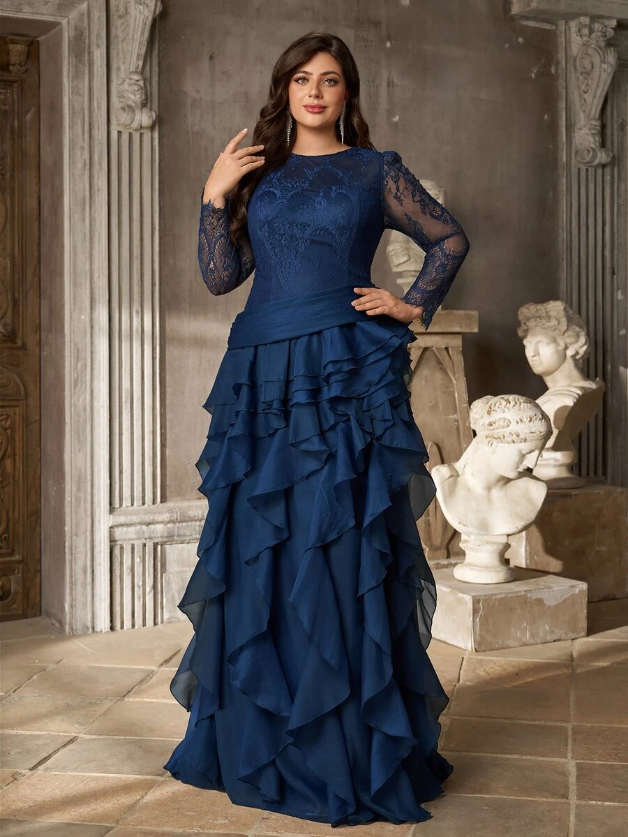 Aureia Plus Size Women's Long Sleeve Round Neck Elegant Romantic Navy Blue Lace Patchwork Organza Ruffle Hem Dress - Navy Blue - View 1