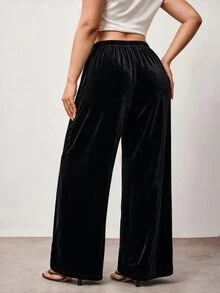 Hourglow Plus Size Anti-Wrinkle Satin Valentine's Day Straight Leg Loose Fit Pants - Black - View 2