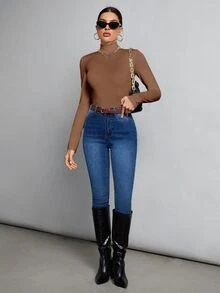SHEIN Tall Simple Solid Color Slim High Collar White Top Suitable For Autumn And Winter - Mocha Brown - View 4