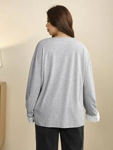 Edennvi Plus Size V-Neck, Lace Trim Collar And Cuffs, Fitted Loose Blouse - Grey - View 2