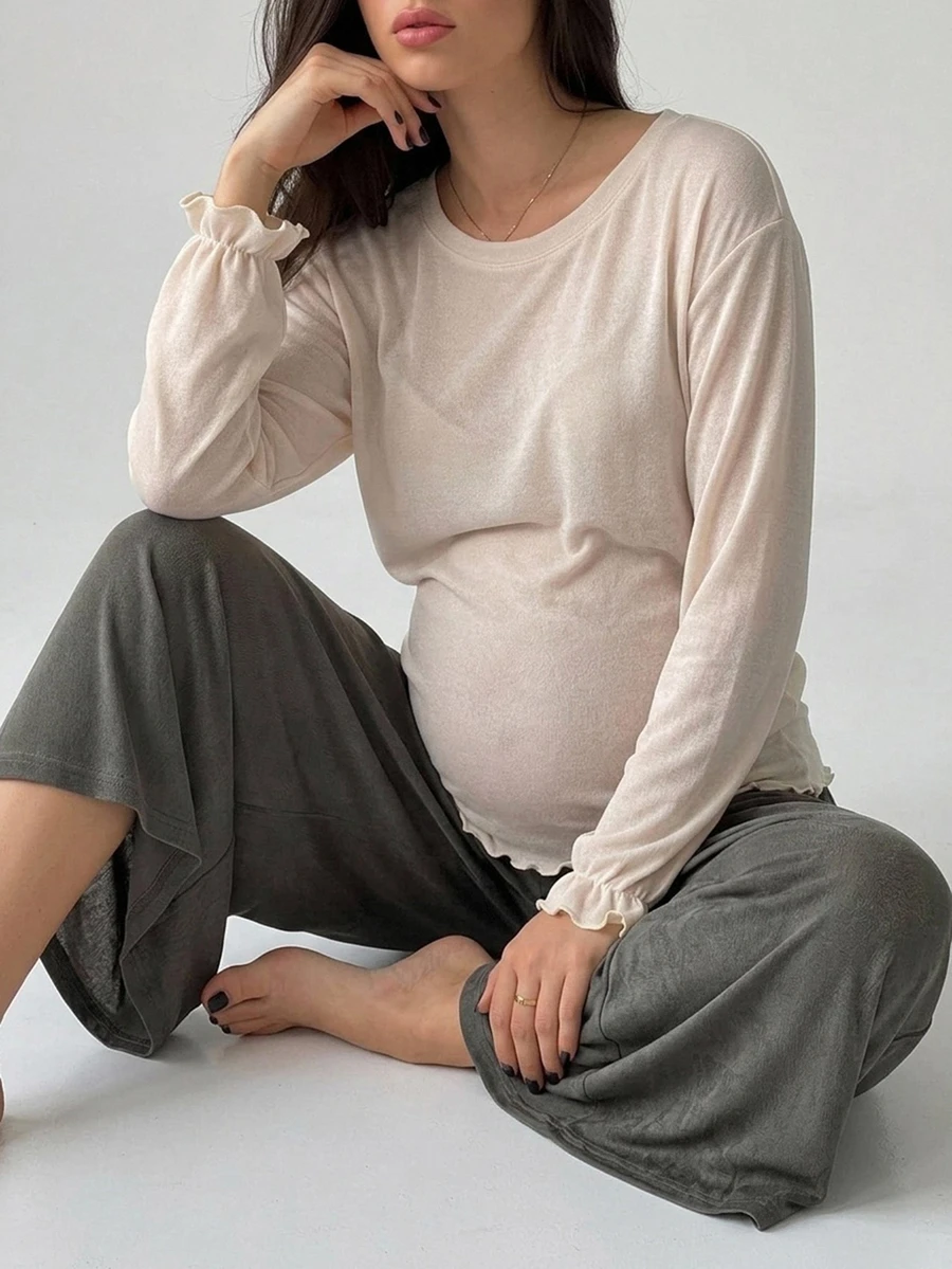 Dazy Maternity Solid Color Loose Long Sleeve Lace Trim T-Shirt & Wide Leg Pants Casual Vacation Daily Home Wear Spring Autumn Maternity 2 Pieces Set - Apricot - View 1