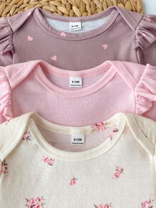 SHEIN Vintaside Kids 女嬰連身衣 2 件組 長袖花卉印花褲 日常穿著 卡其色與炭灰色 秋冬款 - 彩色 - 查看 5