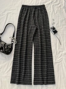 Attitoon Casual Minimalist Style Black & Grey Striped Knit Drawstring Sweatpants For Women, Suitable For Autumn/Winter - Multicolor - View 2