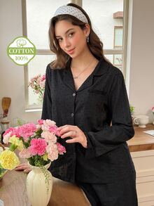 Snug Reverie Women's 100% Pure Cotton Black Open Front Pajama Set, Minimalist Fresh Lace Trim Loungewear Set - Black - View 3