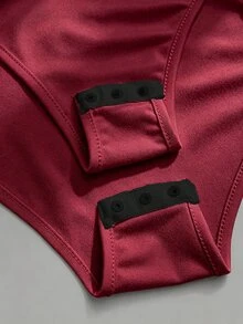Sweetra 大尺碼女款極簡休閒白色 Polo 領長袖連身褲，百搭修身收腰顯瘦款 - 酒紅色 - 查看 7