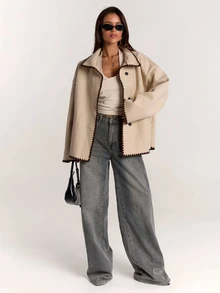 SHEIN BAE Women's Long Sleeve Contrast Trim Button Drop Shoulder High Neck Jacket - Khaki - View 3