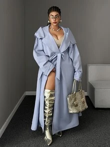 Maweii Plus Size Double-Breasted Hooded Trench Coat With Soft Elegant Style Fall - Blue - View 2