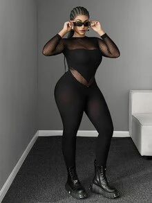 Maweii Women's Plus Size Patchwork Fishnet Long Sleeve Sexy Jumpsuit - Black - View 2