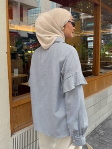 DAZY Autumn Women's Loose Short Button-Down Shirt With Collar, Blue And White Fine Stripes, Fresh Casual Commute Daily Wear - Baby Blue - View 2