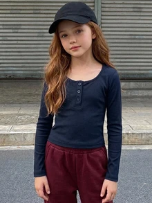 Hapijoa Tween女孩黑色修身長袖半鈕扣前襟內搭圓領T恤，秋季 - 藏蓝色 - 查看 5