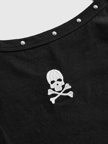 ROMWE Grunge Punk Metal Rivet Skull Embroidery Fitted Versatile Casual Dark Punk Plus Size Camisole And Tank Top - Black - View 3