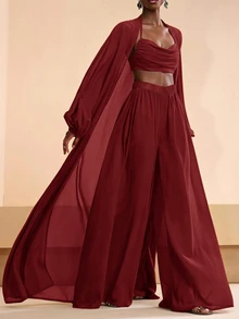 Zivah Women's Solid Color Lantern Sleeve Long Robe Cropped Halter Neck Tank Top And Wide Leg Pants Fashion Vacation Set - Burgundy - View 2