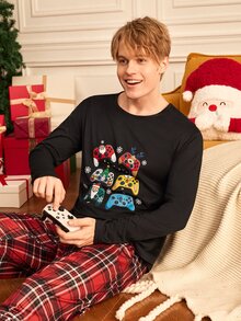 Notgurli Herrs loungewear med lång ärm och tecknad spelkonsoltryck - Svart - Visa 7