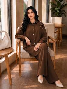 Lacomfia Setelan 2 Potong Kasual Minimalis Warna Polos dengan Hiasan Manik-manik, Kemeja Lengan Panjang Pas Badan dan Celana Panjang Kaki Lebar Pinggang Elastis Warna Polos untuk Musim Semi dan Gugur Ukuran Besar - Chocolate Brown - View 4