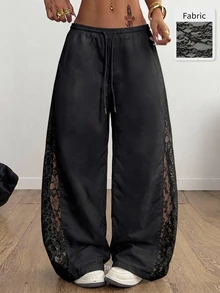 Coolane 女款春夏音樂會街頭風外出色塊拼接降落傘長褲 - 黑色 - 查看 4