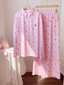 Comfortcana Women's New Striped Embroidered Loose Shirt And Pants Set - Pink - View 3