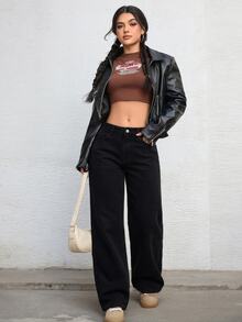 Jeanoix 女款鈕扣半開襟雙口袋休閒寬鬆寬腿牛仔長褲 - 黑色 - 查看 5