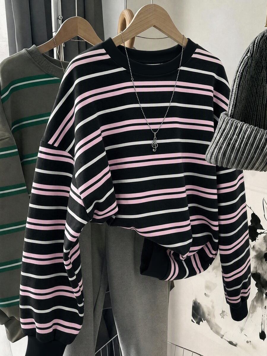SHEIN LUNE Social Clothing 女款復古圓領撞色橫條紋休閒時尚寬鬆百搭長袖衛衣 - 彩色 - 查看 1