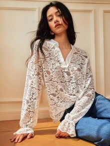 SHEIN Casual Daily Commute V-Neck Hollow Lace Ruffle Bell Sleeve Women's Blouse - Apricot - View 7