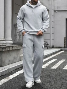 Manfinity CasualCool طقم رجالي هودي بلون موحد وأكمام طويلة مع بنطلون برباط خصر - رمادي - مشاهدة 4
