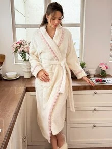Snug Reverie Girl Style Contrast Color Trim Plush Long Robe Women Autumn/Winter Home Wear - Beige - View 5