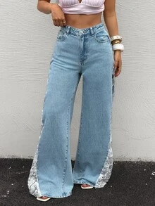 Rivivi Petite Women's Contrast Lace Pocket Button Wide Leg Jeans - Light Wash - View 4