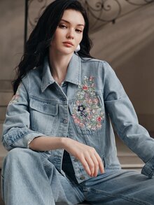 Anewsta Women's New Fashion Exquisite Heavy Embroidery Blue Jeans Jacket - Blue - View 1