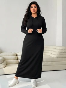 Solflare Plus Size Women's Casual Loose Long Sleeve Hooded Dress - Black - View 3