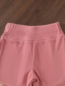 SHEIN 女嬰運動休閒衛衣套裝，連帽長袖上衣搭配長褲，粉色素面柔軟針織連帽衫與運動長褲套裝 - 粉色 - 查看 6