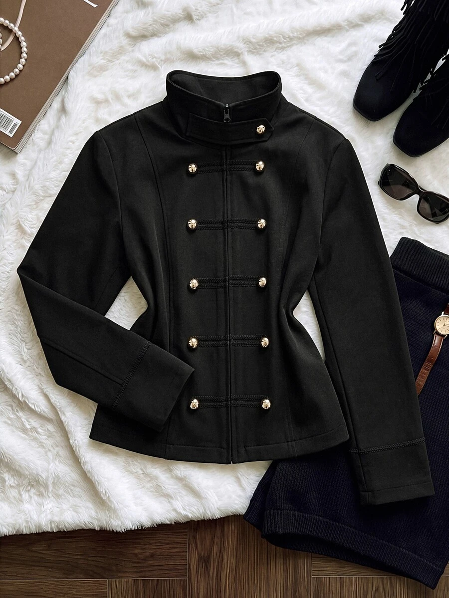Comfortcana Plus Size Women's Casual Napoleon Jacket Fall - Black - View 1