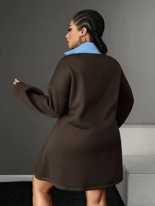 Maweii Plus Size Women's Colorblock Casual Everyday Long Sleeve Sweatshirt - Brown - View 4