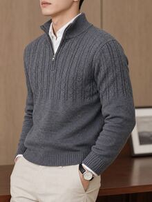 Claim Dot 歐美新博主風時尚設計成熟休閒男士拉鍊半開襟休閒針織上衣，深灰色，適合辦公工作，秋季 - 彩色 - 查看 3