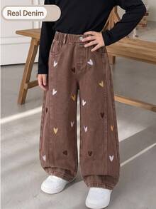 SHEIN Genkimix Kids 女童牛仔寬腿牛仔褲 全季新款 可愛趣味復古牛仔女郎風 嬰兒藍 鬆緊腰帶設計 多色愛心刺繡 秋季 - 棕色 - 查看 2