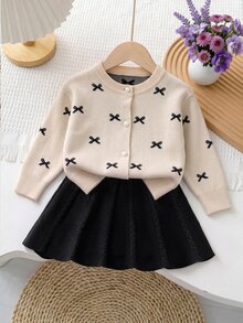 Baby Girl Round Neck Bow Faux Pearl Button Decor Long Sleeve Sweater And Autumn Skirt Set - Khaki - View 7