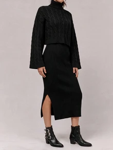 Freevana Women's High Neck Cape Sleeve Top & Solid Color Split Hem Skirt Sweater 2pcs Set - Black - View 3