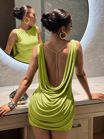 Slaydiva Boat Neck Birthday Party Cocktail Valentine's Day Halloween Christmas Wedding Sleeveless Ruched Waist Backless Metal Chain Side Gathered Shiny Ice Silk Red Mini Short Dress-A
