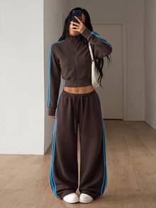 SHEIN ICON 女款時尚休閒寬鬆寬腿褲，側邊條紋裝飾 - 棕色 - 查看 5