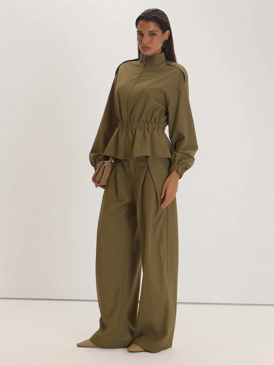 MUSEYN Celana Panjang Khaki Pinggang Rendah dengan Lipatan Depan dan Kaki Lebar, Serbaguna untuk Sehari-hari, Kasual, dan Musim Gugur. - Coklat - View 1