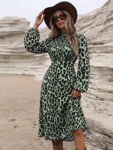 Aveloria Modichic Women's Dress A-Line Slim Fit High Neck Ruched Long Lantern Sleeve Elegant Boho Green Black Leopard Print Fall Brunch Vacation - Green - View 5