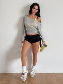 Coolane Women's Solid Color Asymmetric Shoulder Long Sleeve Casual Fashion T-Shirt - Grey - View 4