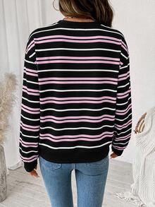 SHEIN LUNE Social Clothing 女款復古圓領撞色橫條紋休閒時尚寬鬆百搭長袖衛衣 - 彩色 - 查看 2