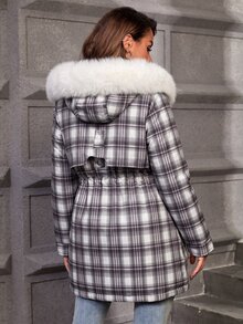 Aveloria Modichic 女款休閒純色抽繩收腰人造毛領連帽加厚棉襖外套，冬季穿著 - 彩色 - 查看 2