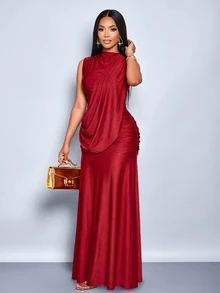 SOLERSUN Women's Autumn/Winter Party Dress, Red Shiny Fabric, High Neck, Sleeveless, Backless, Ribbon Decor, Ruched Hip, Extra Long - Burgundy - View 5