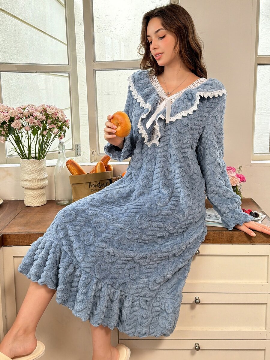 Snug Reverie Autumn/Winter Plush Thickened Princess Style Long Nightgown Women's Winter Loungewear Pajamas - Dusty Blue - View 1